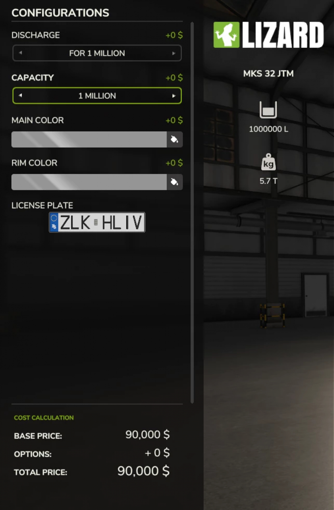 FS25 Buying Station Pack v1.0.0.0 config screen showing Lizard MKS 32 JTM with capacity settings and cost calculations.