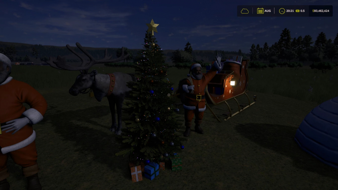 FS25 Christmas Pack v1.0.0.0 features Santa, a reindeer, Christmas tree, and sleigh under moonlit sky in Farming Simulator 25 mod.