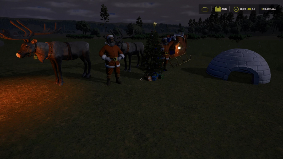 FS25 Christmas Pack mod: Santa, reindeer, sleigh, Christmas tree, and igloo at night in Farming Simulator 25.