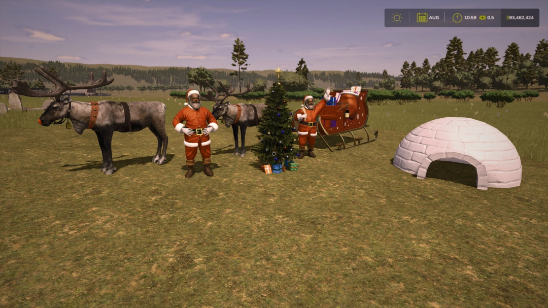 FS25 Christmas Pack mod featuring Santa, reindeer, sleigh, Christmas tree, and igloo in Farming Simulator 25.