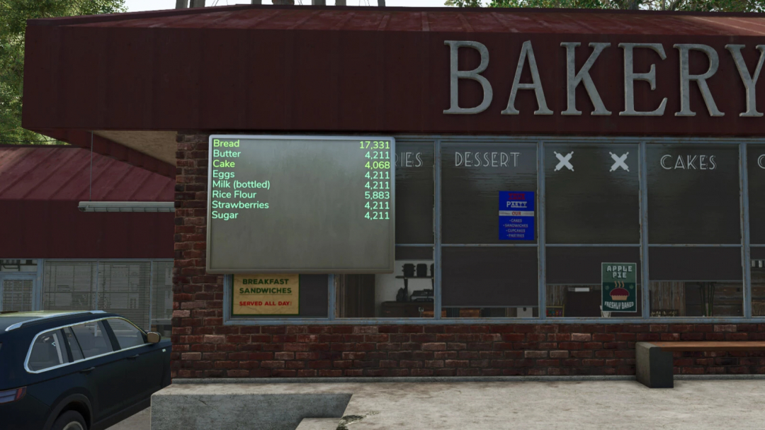 FS25 mods: digital display outside a bakery showing prices for bread, butter, and more in Farming Simulator 25.