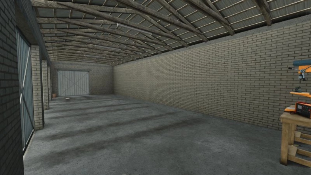 FS25 Garage 18M x 7M mod v1.0.0.0, showcasing an interior with brick walls and wooden roof beams in Farming Simulator 25.