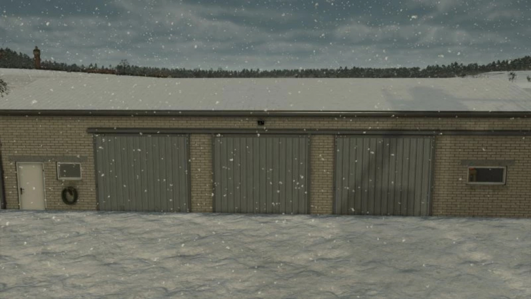 FS25 Garage 18M x 7M with snowy roof, part of Farming Simulator 25 mods.