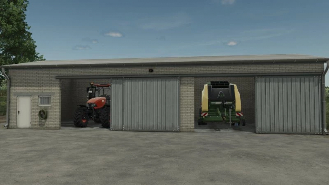 FS25 Garage 18M x 7M mod with tractor and equipment, Farming Simulator 25.