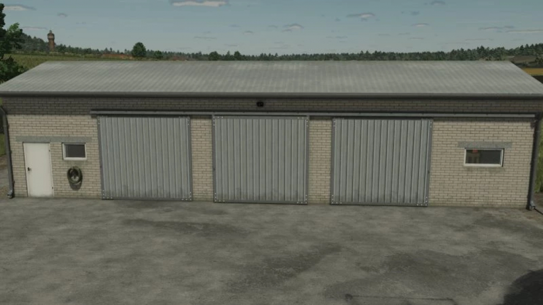 FS25 Garage 18M x 7M mod in Farming Simulator 25, featuring a large metal building with three doors.