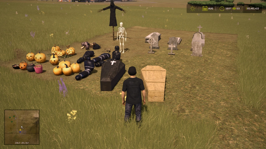 FS25 Halloween Pack v1.0.0.0 featuring pumpkins, skeleton, graves, and coffins in Farming Simulator 25 mod.