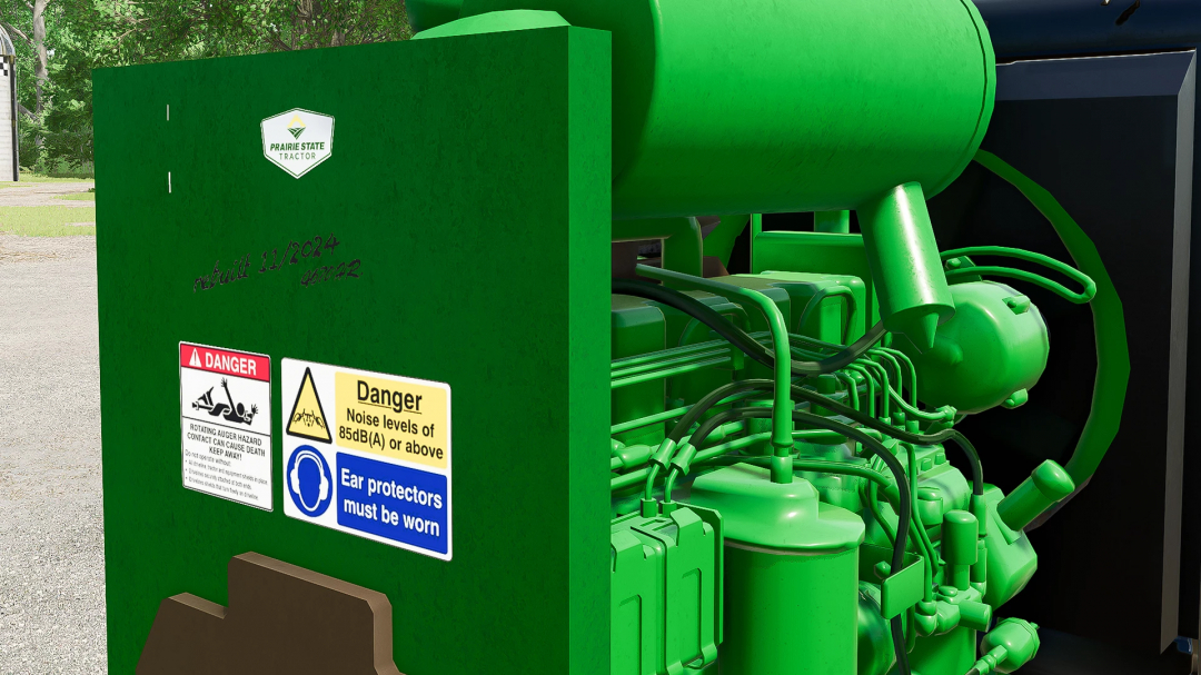 Close-up of the FS25 John Deere D466T engine mod, featuring warning labels, from Farming Simulator 25.