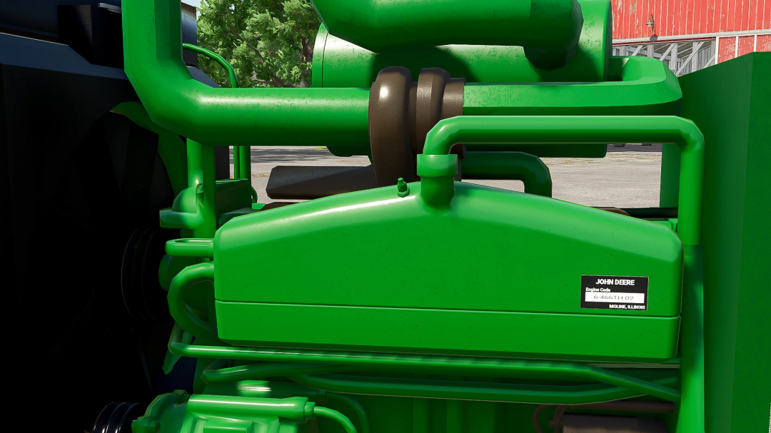 FS25 John Deere D466T engine mod detail in Farming Simulator 25, showcasing green mechanical components.