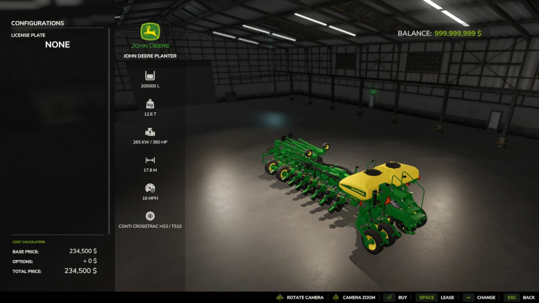 FS25 John Deere Planter mod in a garage, showcasing statistics and price for Farming Simulator 25.