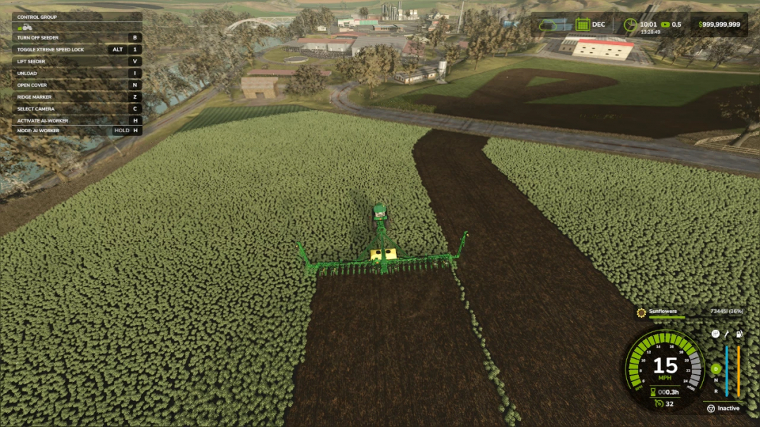 FS25 mod John Deere planter working in sunflower field, Farming Simulator 25