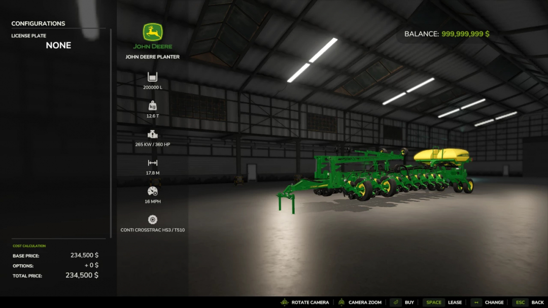 FS25 John Deere Planter mod interface in Farming Simulator 25 showcasing specifications and pricing.