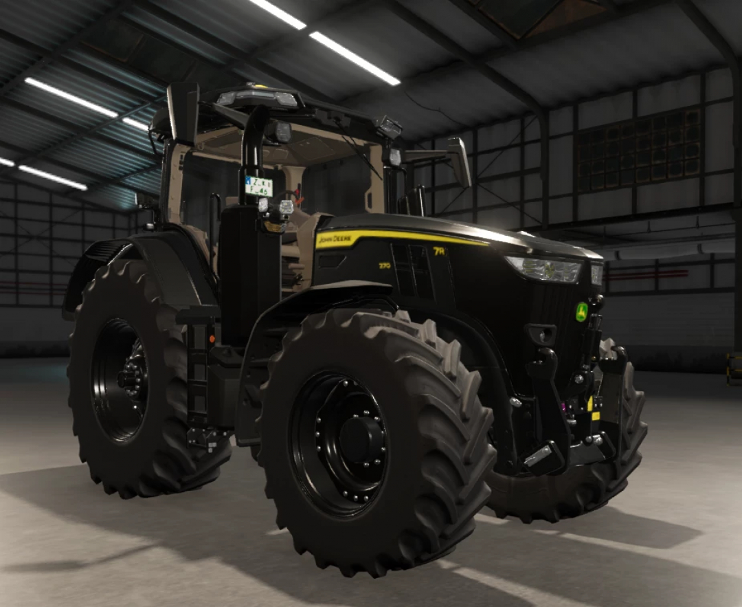 FS25 John Deere Series Black 7R mod in Farming Simulator 25, showcasing a sleek black tractor in an indoor setting.