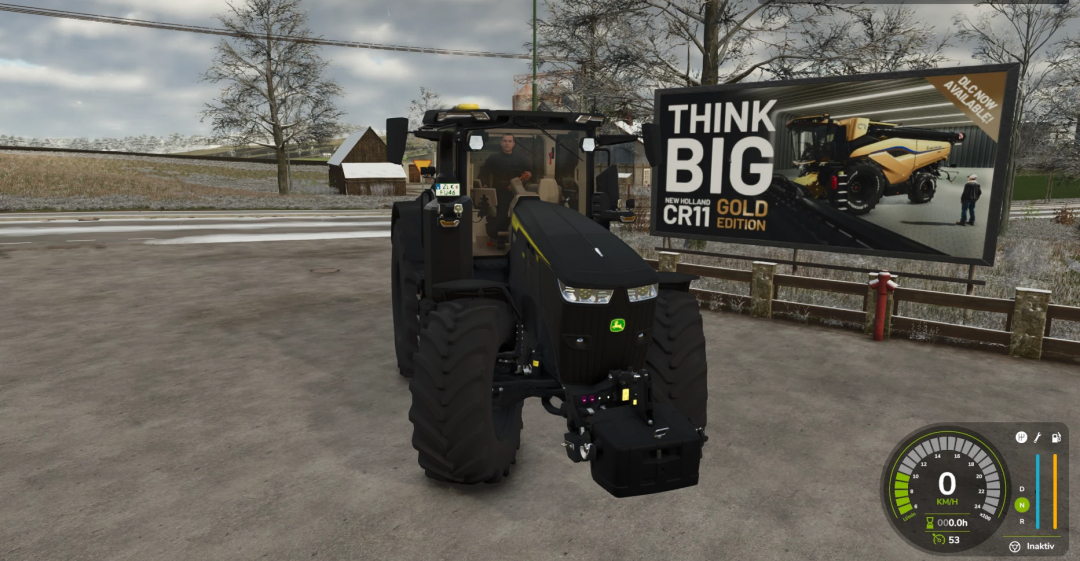 FS25 mod: John Deere Series Black 7R tractor in Farming Simulator 25 with promo billboard in background.