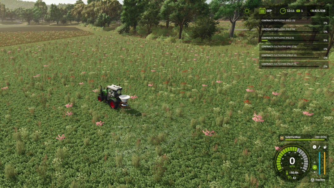 FS25 More Missions mod v1.0.0.0 depicting a tractor fertilizing a field in Farming Simulator 25.