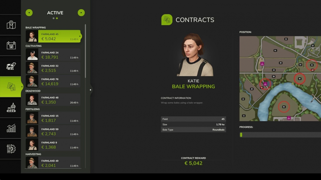 FS25 More Missions mod interface showing bale wrapping contract details and map location.