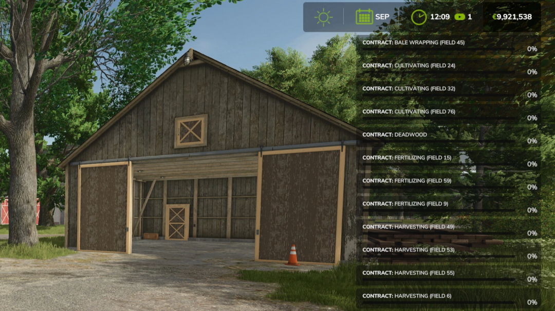 FS25 More Missions mod screenshot showing a barn and active contracts list in Farming Simulator 25.