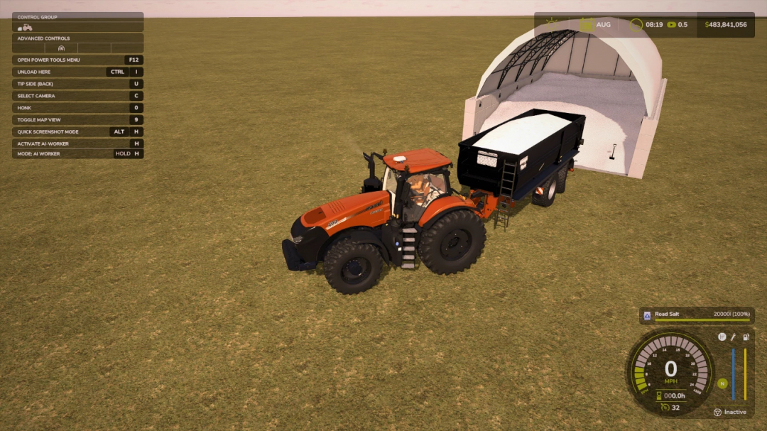 FS25 Salt Dome Fill Point mod with a tractor and trailer loading salt inside a dome structure in Farming Simulator 25.