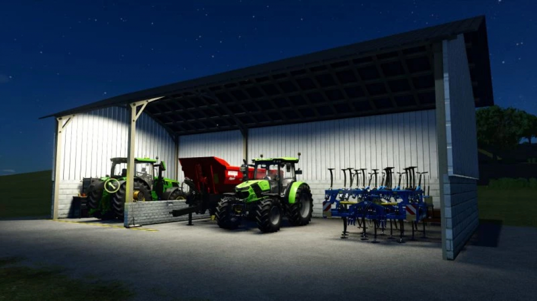 FS25 Sheet metal shed mod featuring tractors and farm equipment under a lit night sky in Farming Simulator 25.