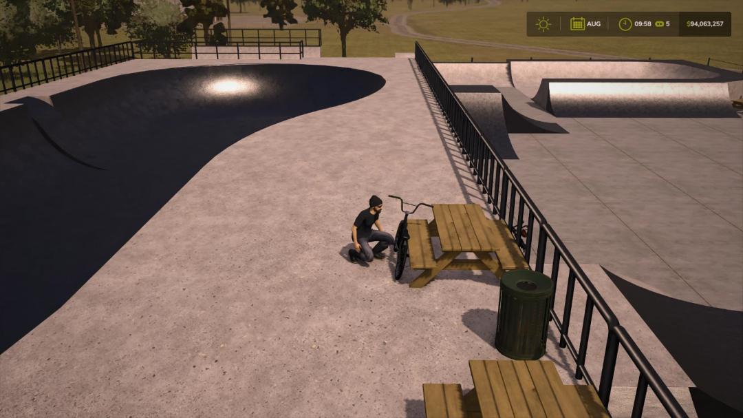 FS25 Skatepark v1.0.0.0 image showing a skater with a BMX bike at a skatepark in Farming Simulator 25 mods.