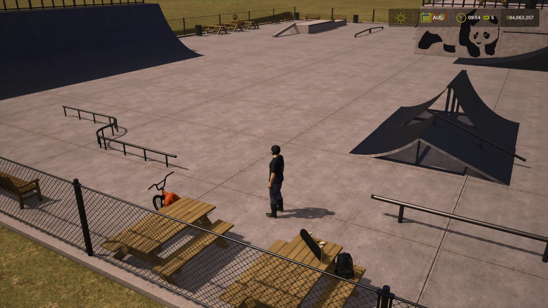 FS25 Skatepark mod showing ramps and railings in Farming Simulator 25 environment.