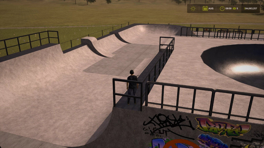 FS25 Skatepark v1.0.0.0 mod with ramps and graffiti in Farming Simulator 25.