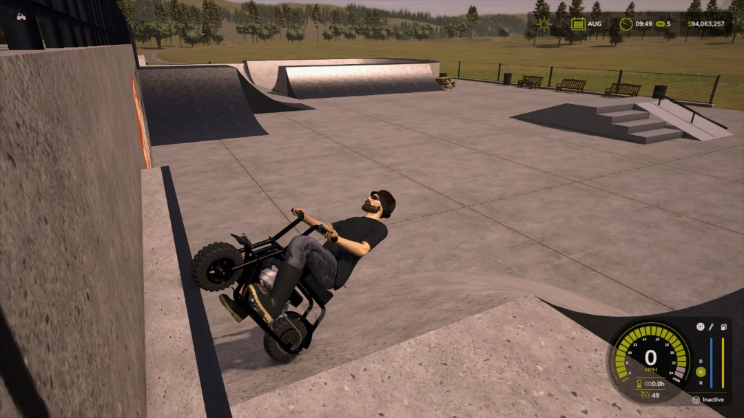 FS25 Skatepark mod shows a character on a mini bike performing a wall trick. Farming Simulator 25 mods offer unique activities.