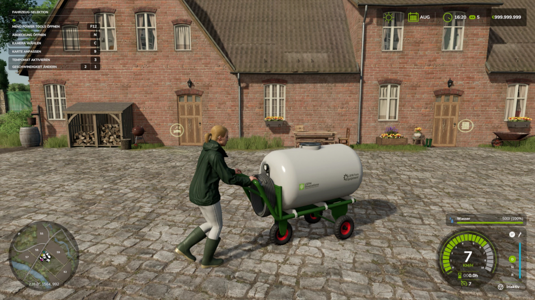 FS25 mod scene showing player pushing LSFM farm equipment on cobblestone path.