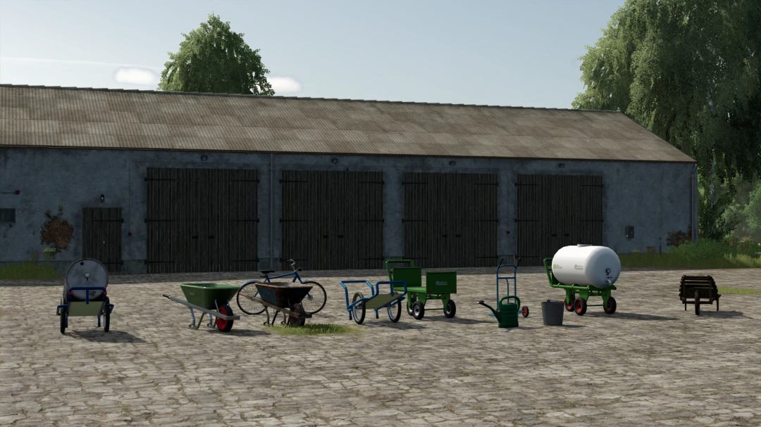 FS25 Farm Equipment Pack v1.0.0.0 featuring various tools in front of a barn.