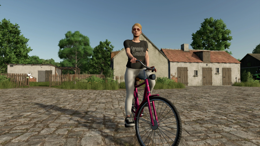 Character riding pink bicycle in farmyard in FS25, showcasing Farm Equipment Pack mod.