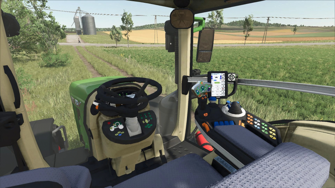 Interior of a Fendt 800 S4 tractor in FS25, showcasing detailed controls and scenic farmland view, part of Farming Simulator 25 mods.