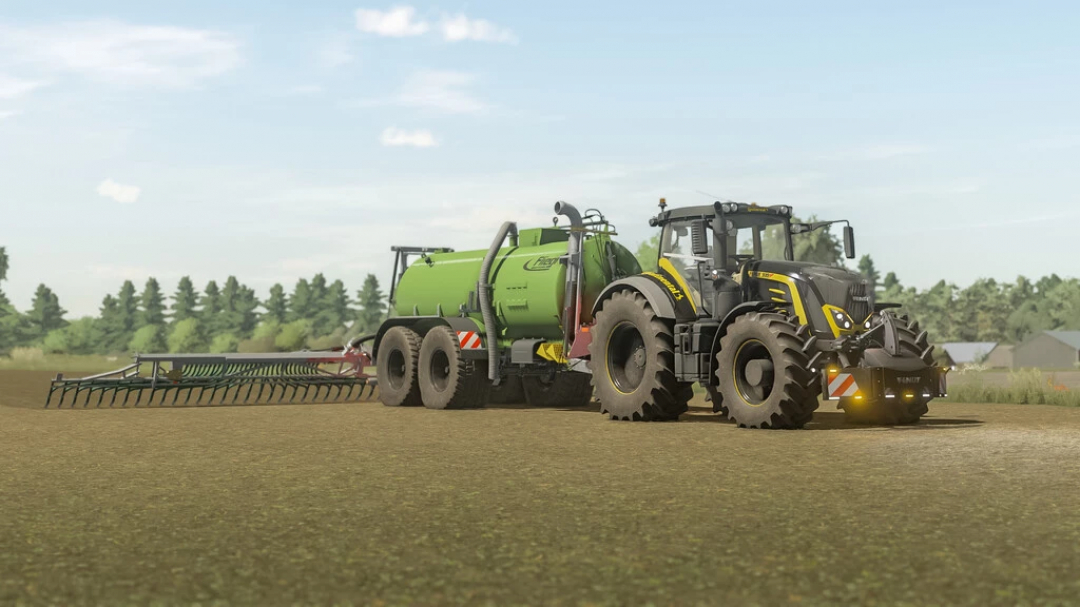 FS22 mod Fendt 900 Vario S4 Continental Edition tractor with green tank trailer on a field in Farming Simulator 22.