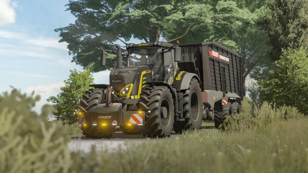 Fendt 900 Vario S4 Continental Edition in FS22, showcasing a tractor and trailer on a scenic road.