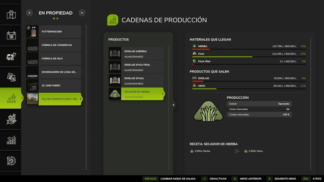 FS25 mod interface showing fermentation silo and grass dryer production chains.