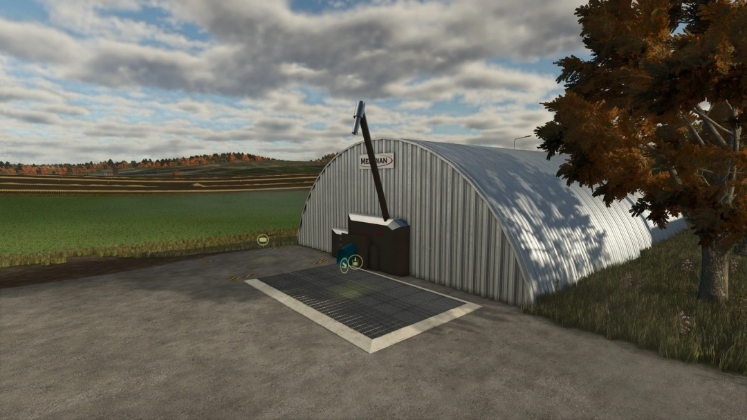 FS25 mods: Fermentation silo and grass dryer v1.0.1.0 with metal structure in a farm setting.