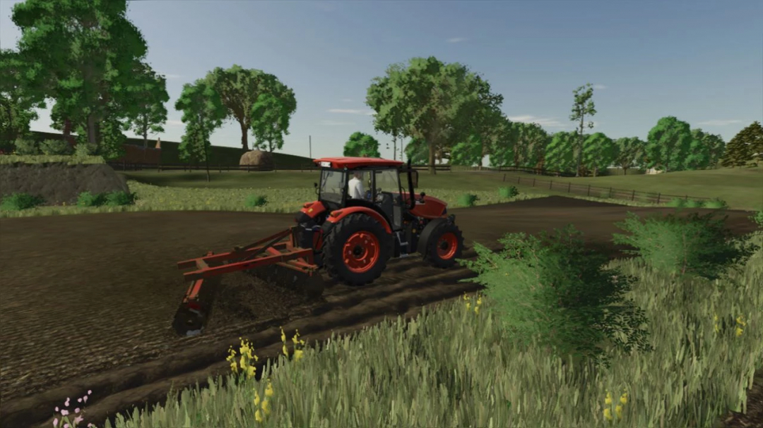 FS25 mod Ferocoop V30 v1.0.0.0 showing a red tractor plowing a field with trees in the background.