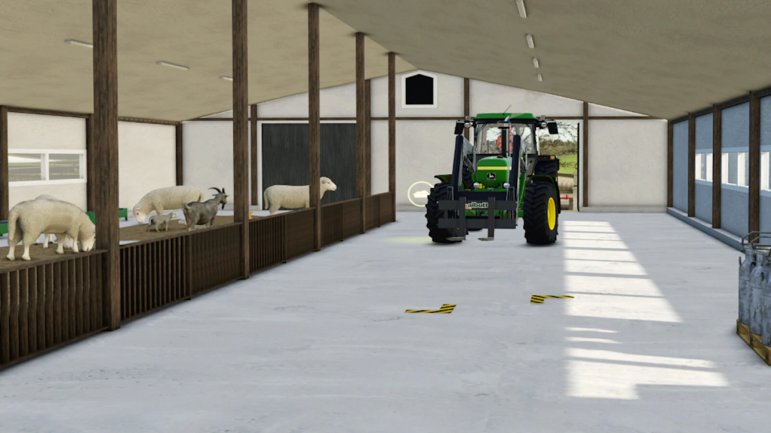 Interior of Finnish Sheep Barn mod in FS25 with sheep and tractor.