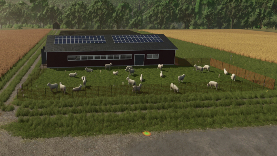 FS25 Finnish Sheep Barn mod featuring a barn with solar panels and grazing sheep in a fenced field.