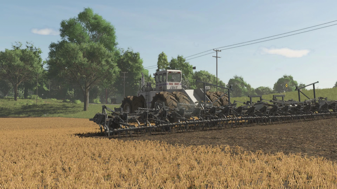 FS25 mod Flexcoil ST 820 v1.0.0.0 cultivating a wheat field with a Big Bud tractor in Farming Simulator 25.