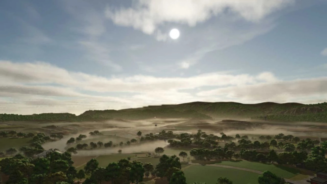 Scenic aerial view in FS25 with Flight Mode mod, showcasing vast fields and hills under a bright sky.