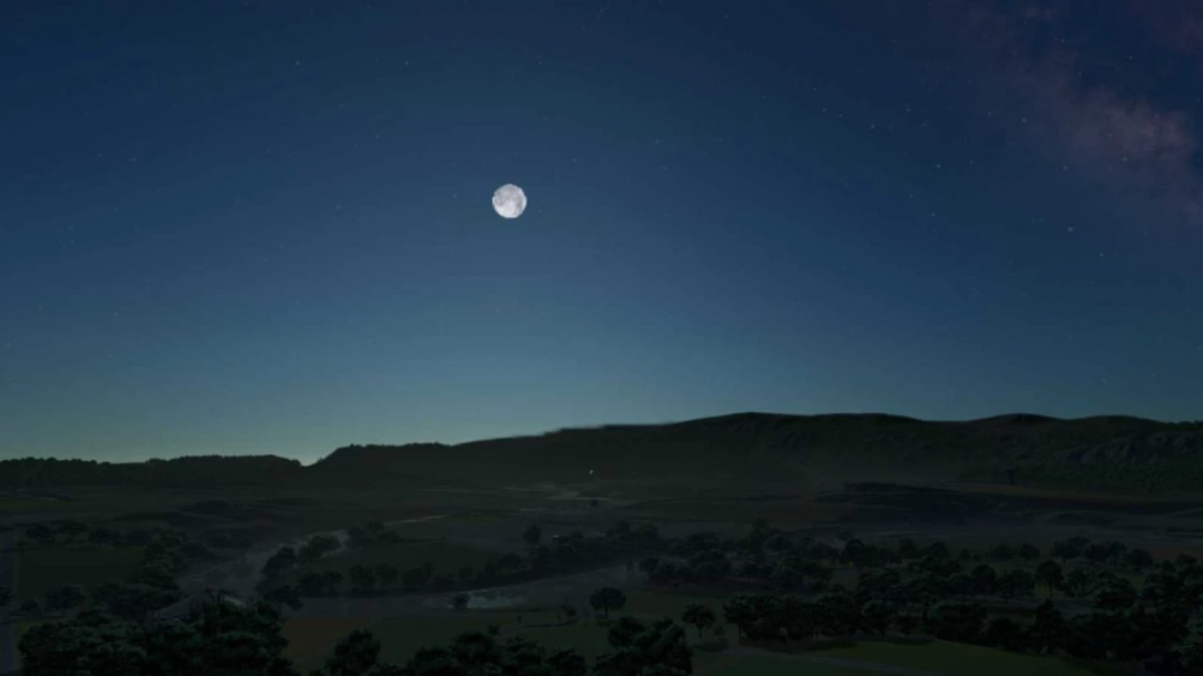 Night landscape in FS25 Flight Mode mod, showcasing a moonlit sky over fields and hills.