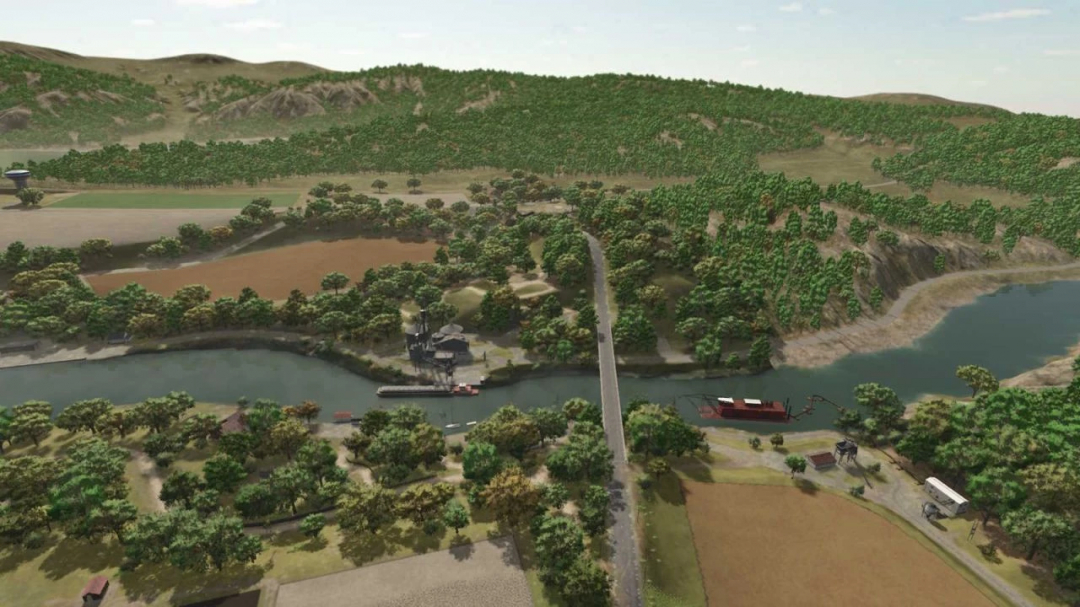 Aerial view of Farming Simulator 25 landscape with fields, roads, and a river, showcasing FS25 mods like Flight Mode.