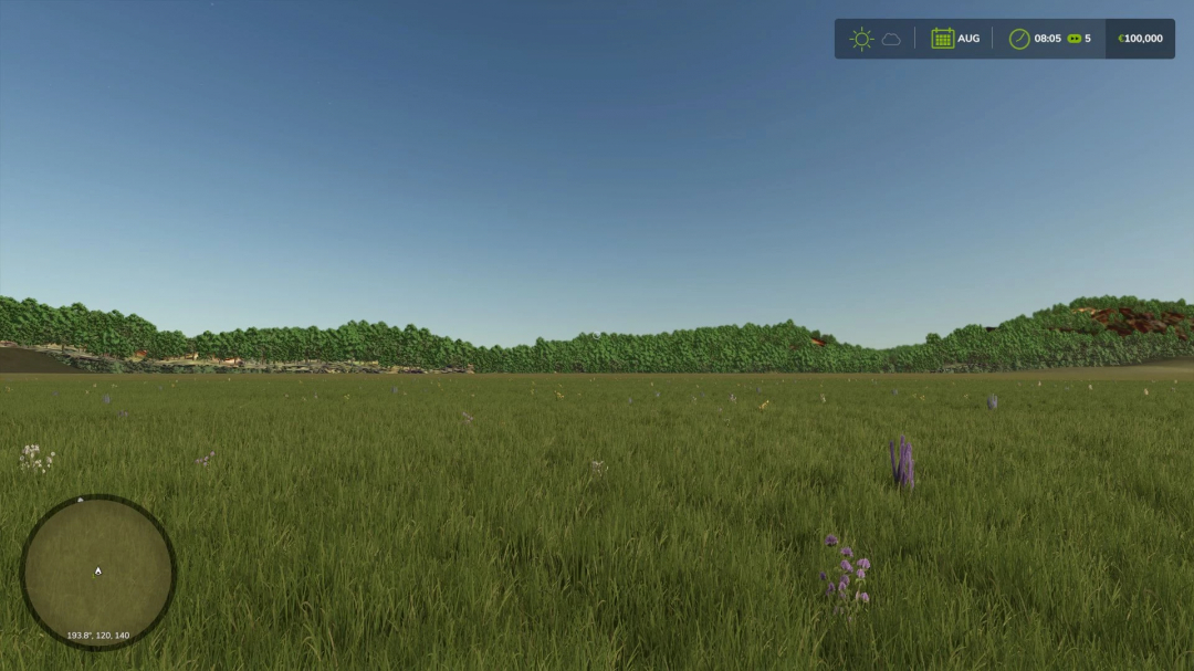 Open field in FS25 Free Land 4x mod with clear sky and trees in the background.