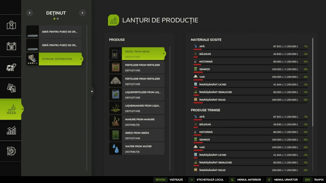 FS25 mod interface showing storage distribution details in Farming Simulator 25.