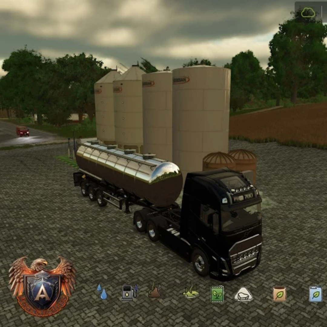 FS25 mod features a black truck with a tanker, storage silos in a farm setting. Enhanced by Anaxandros v1.0.0.0.