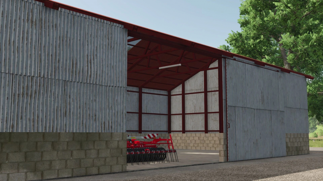 FS25 mod Garage 28x11 v1.0.0.0 featuring an open barn with corrugated metal and brick walls, used for storing farm equipment.