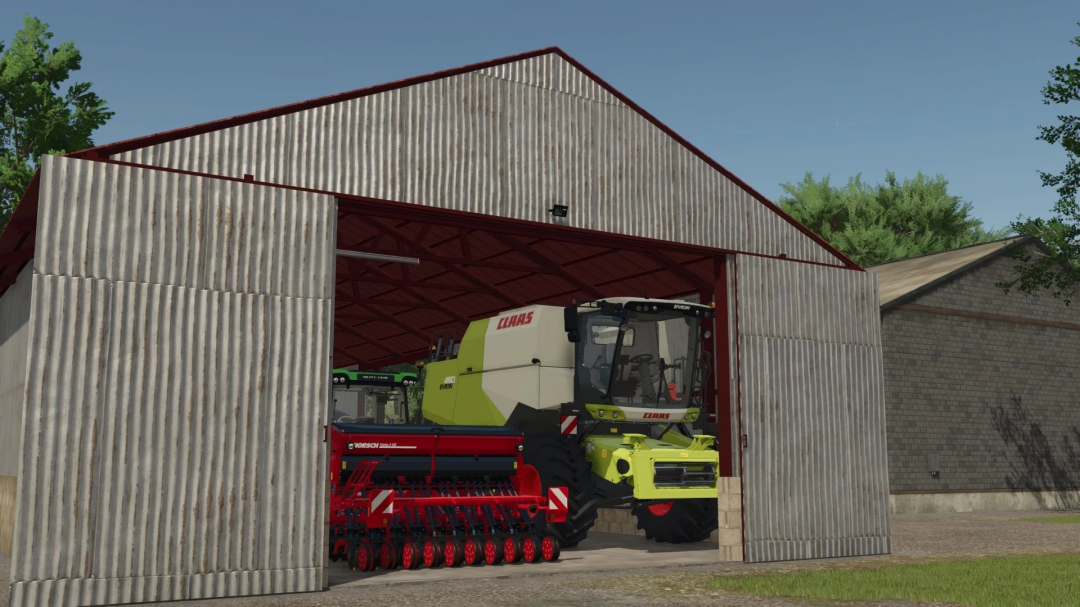 FS25 mods: Garage 28x11 storing modern farming equipment, showcasing a Claas harvester. Farming Simulator 25 mod.