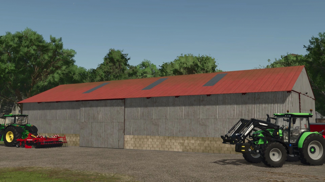 FS25 mod Garage 28x11 v1.0.0.0 with tractors, showcasing Farming Simulator 25 mods.