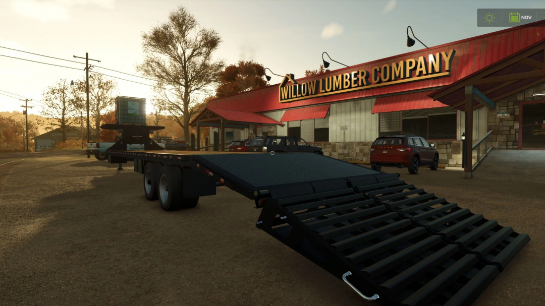 FS25 mod Gooseneck Trailer v1.0.0.0 at Willow Lumber Company, showcasing a versatile loading area.