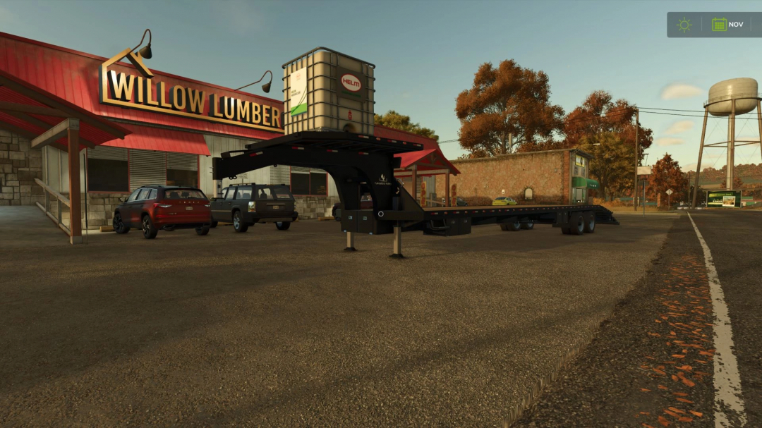 FS25 Gooseneck Trailer mod at a lumber yard, showcasing realistic autumn scenery in Farming Simulator 25.