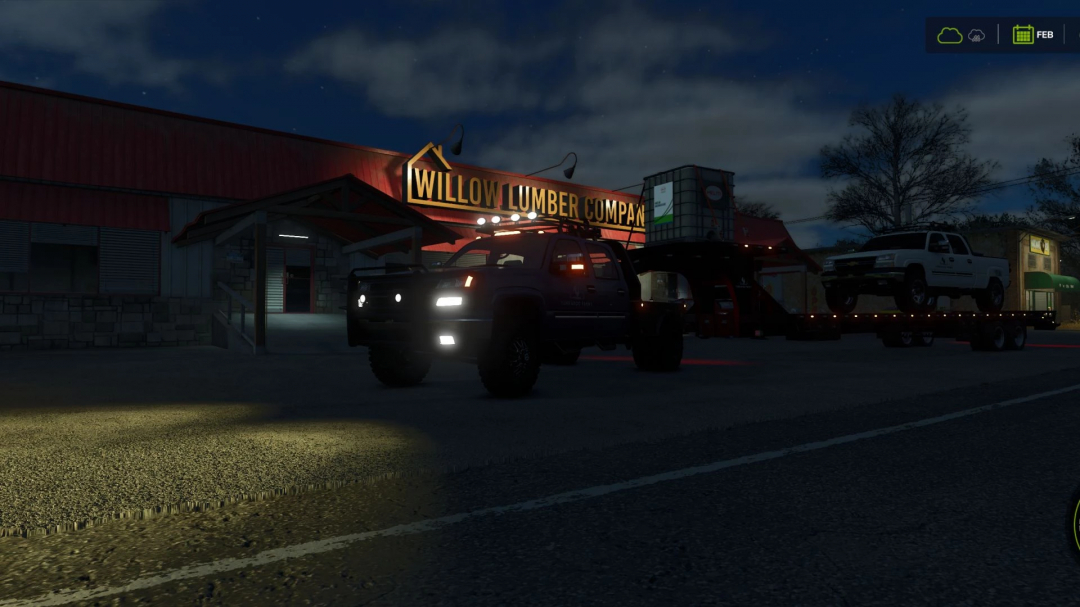 FS25 Gooseneck Trailer mod at night near Willow Lumber, featuring truck and cargo details.